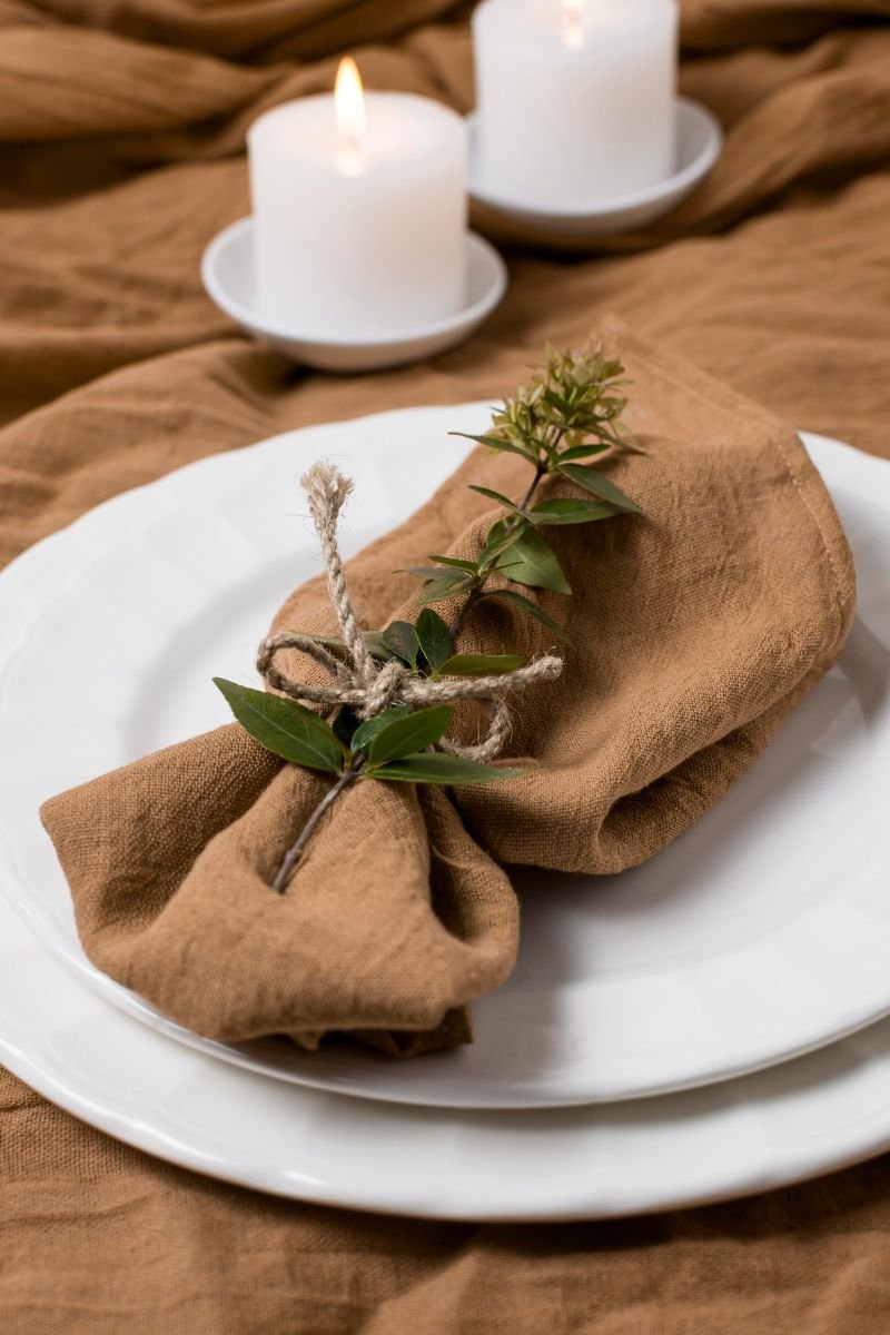 Linen napkins rust terracotta fall table setting dining room rosemary sprig