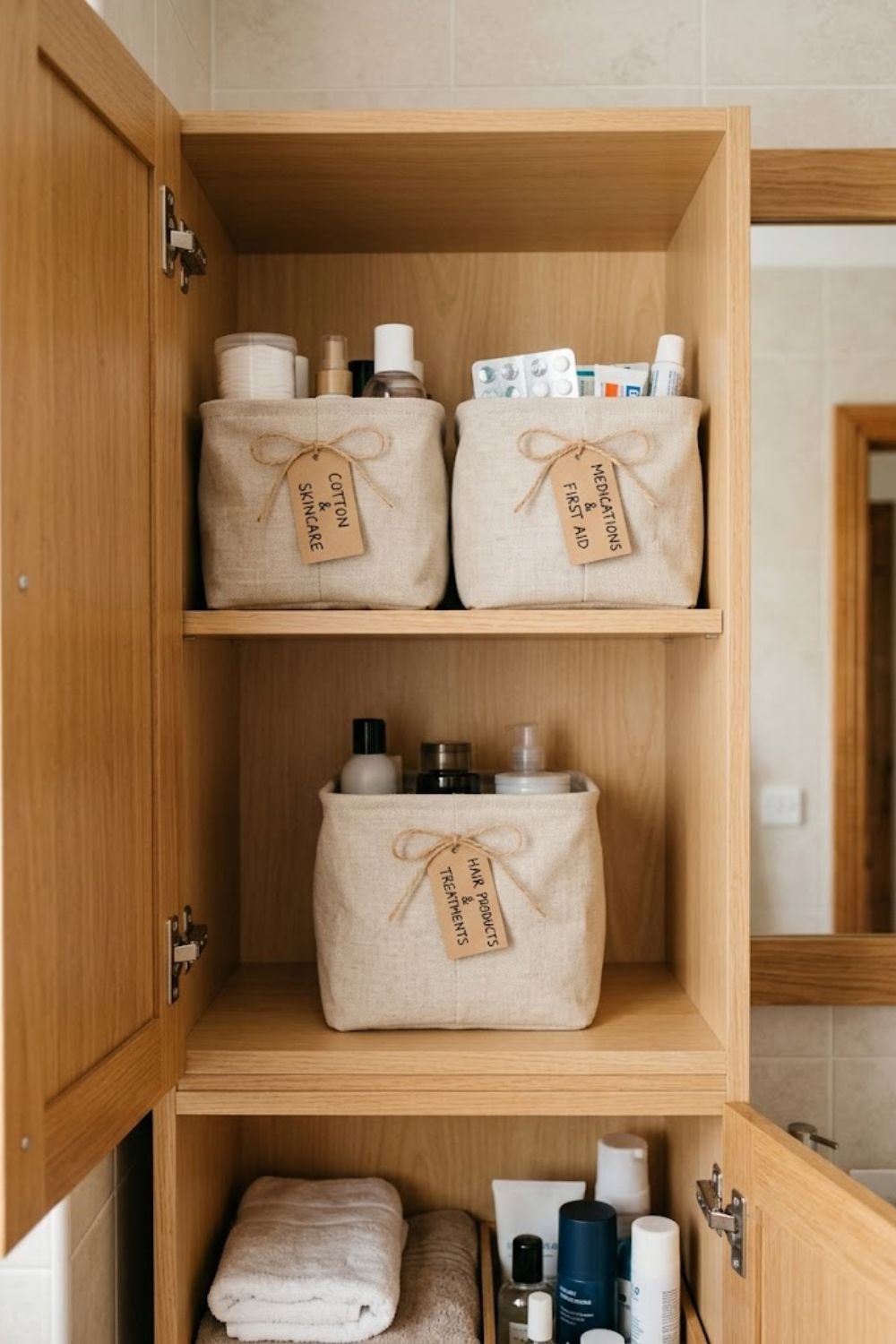 Linen storage bins organized inside a bathroom cabinet with simple labels