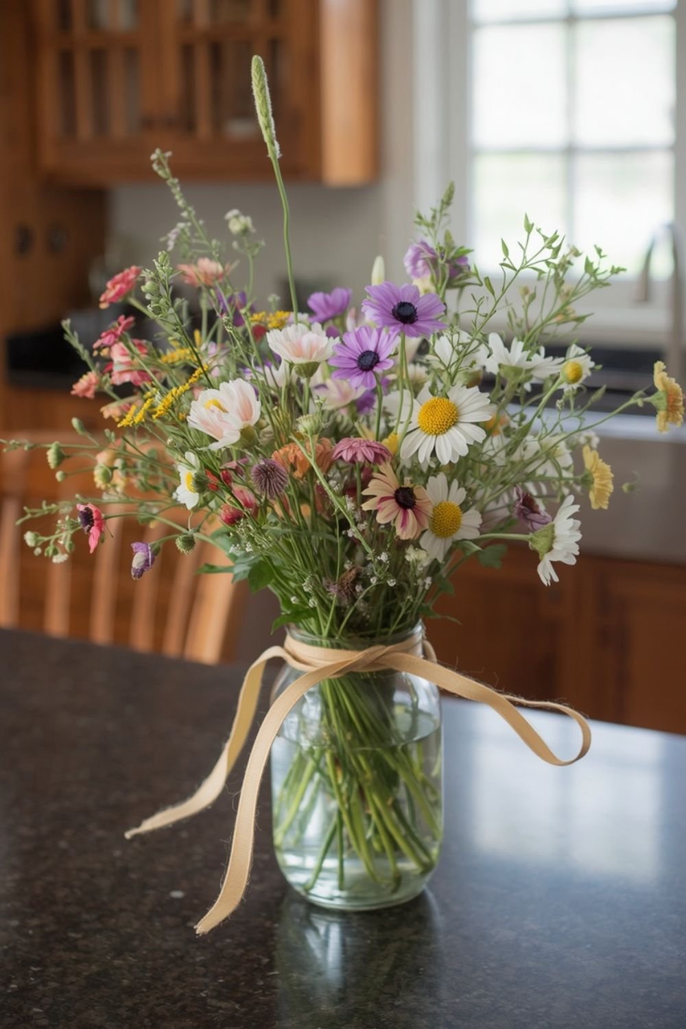 Loose wildflower bunch tied with ribbon in a glass jar on a kitchen counter