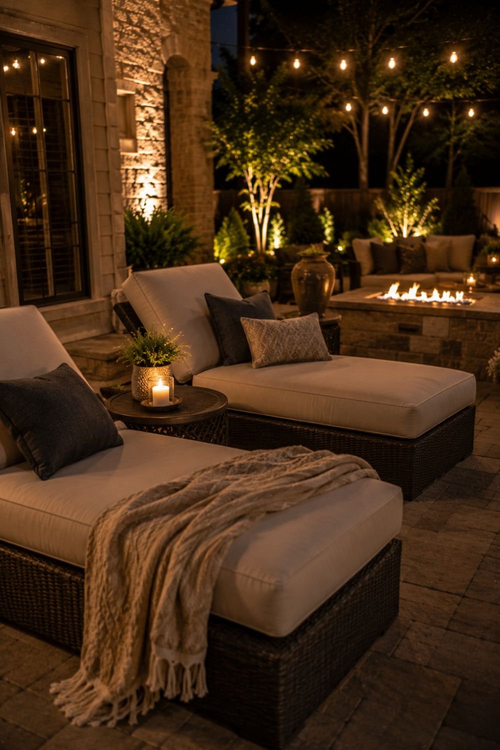 Lounge seating area with comfortable chaise lounges and cushions on patio