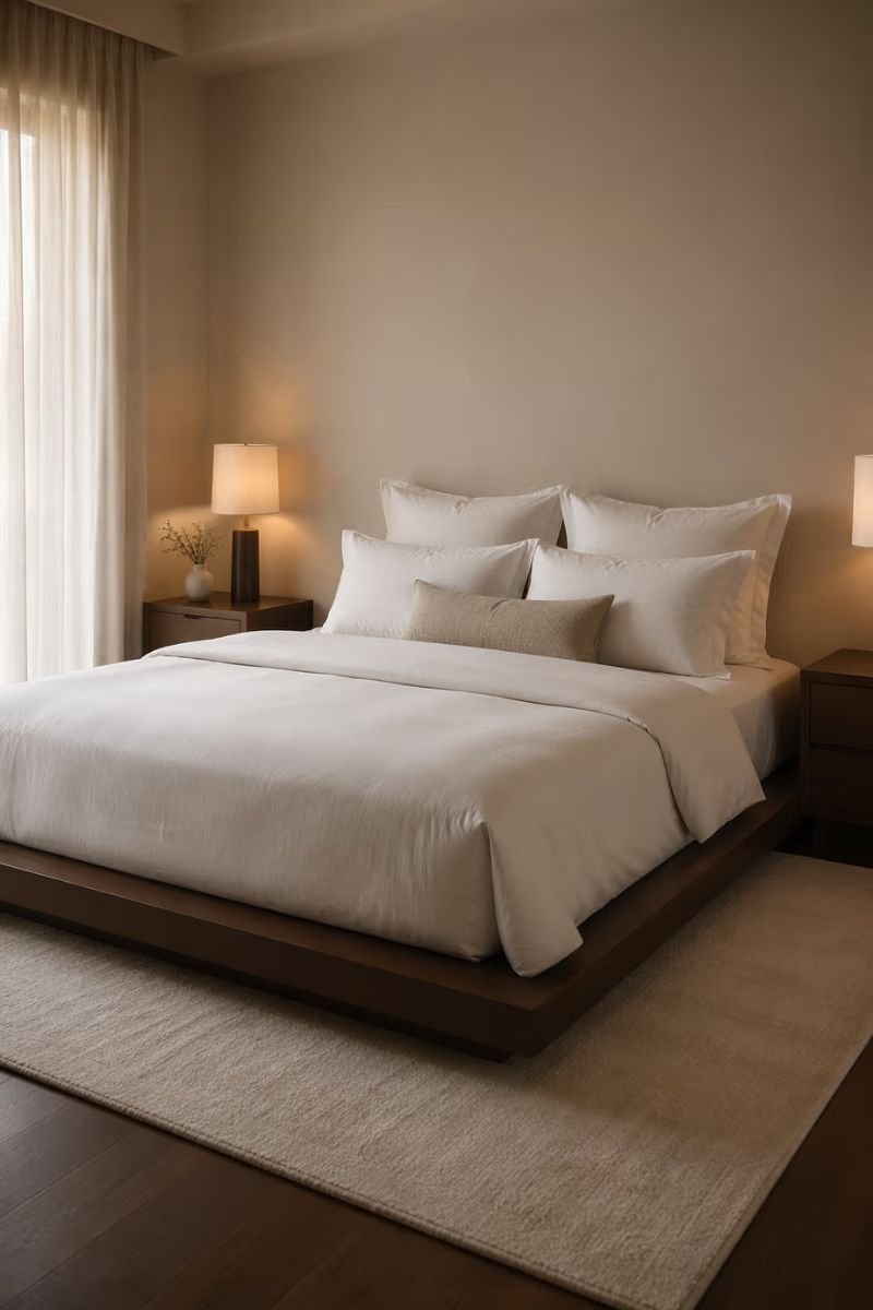Low platform bed with hotel style white bedding in a cozy luxury bedroom