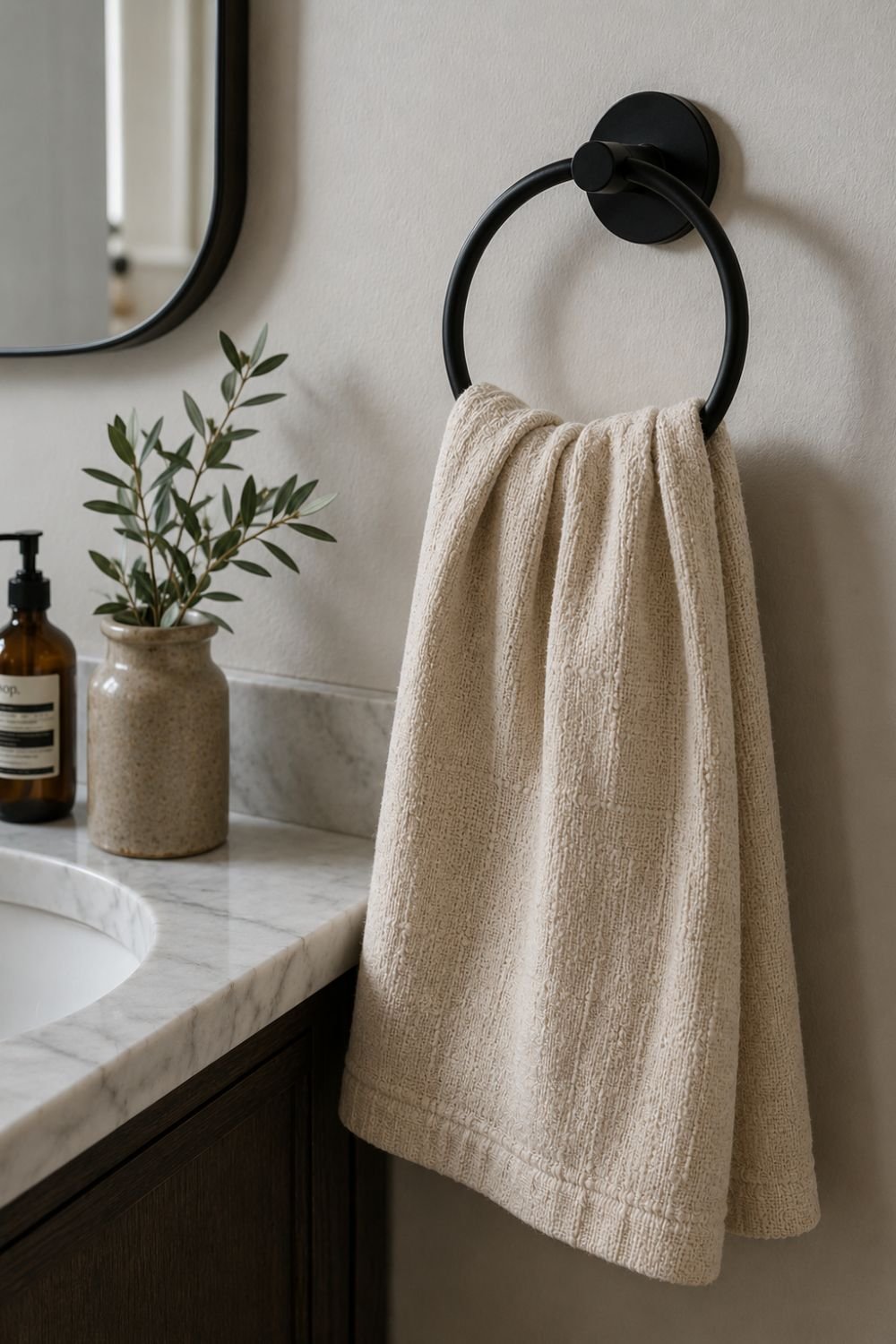 Luxury linen hand towel on brass ring beside bathroom sink