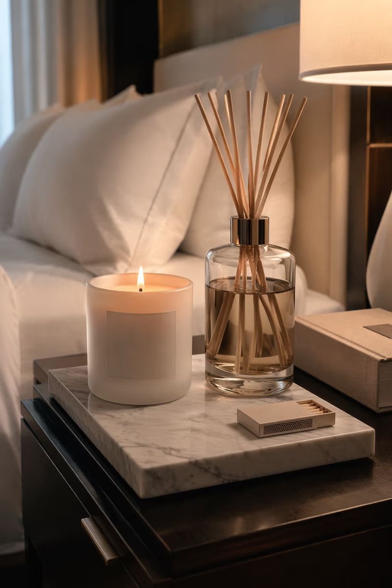 Luxury scented candle and reed diffuser in a cozy hotel style bedroom