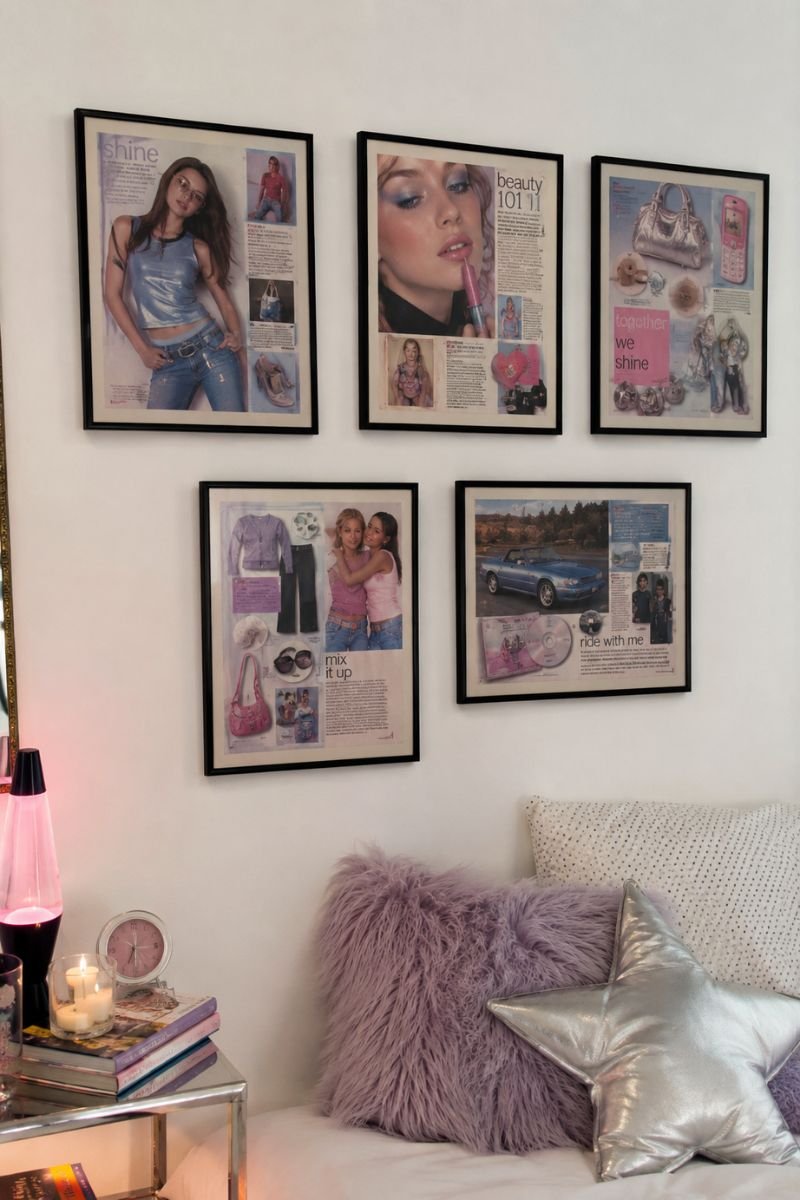 Magazine clipping wall art in simple black frames in Y2K bedroom