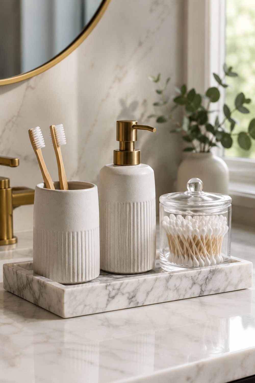 Marble tray organizing toothbrush holder soap dispenser and cotton swabs on bathroom counter