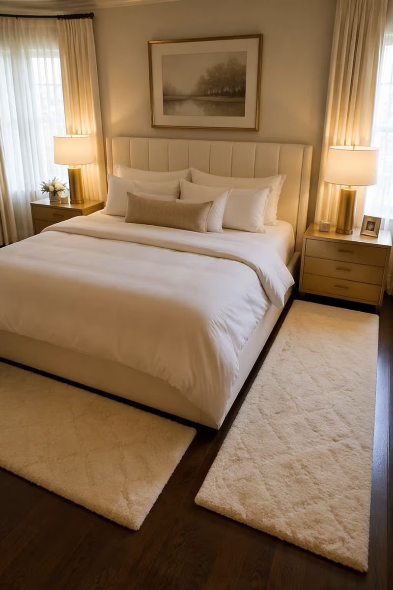Matching bedroom runners on either side of a cozy luxury hotel style bed