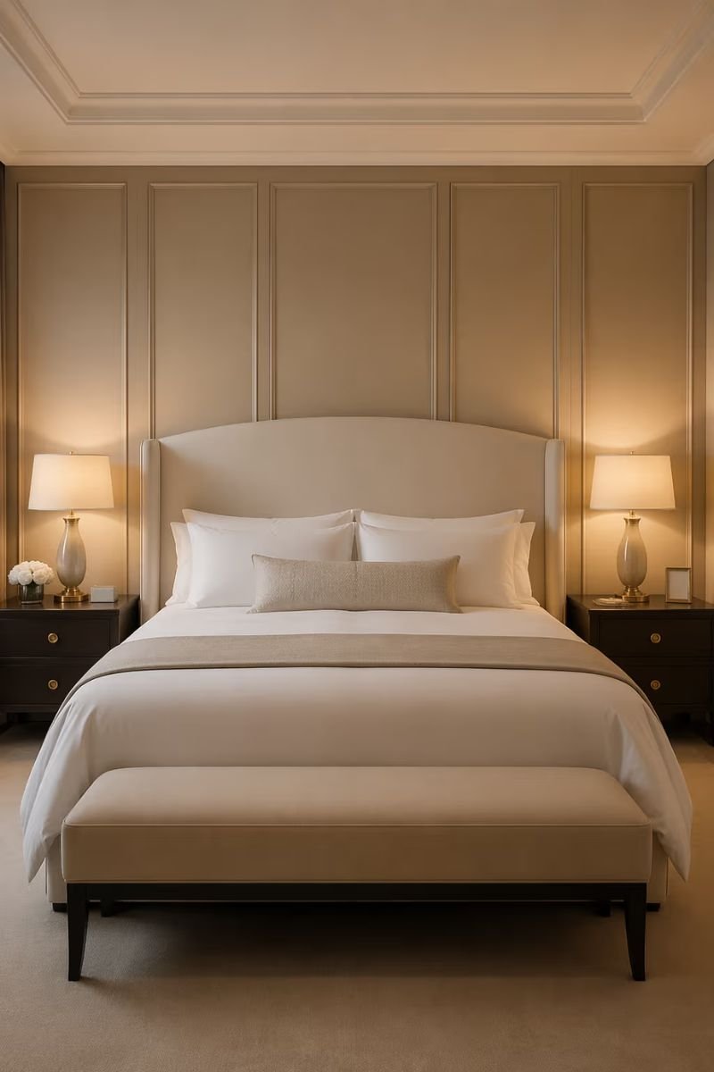 Matching bedside lamps with warm shades in a symmetrical luxury hotel bedroom