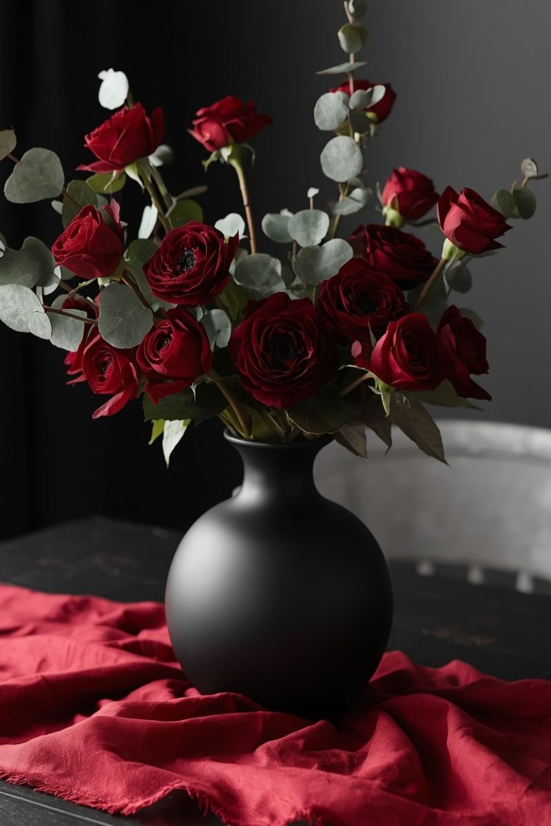 Matte black vase dark red roses anemones eucalyptus low floral elegant Halloween