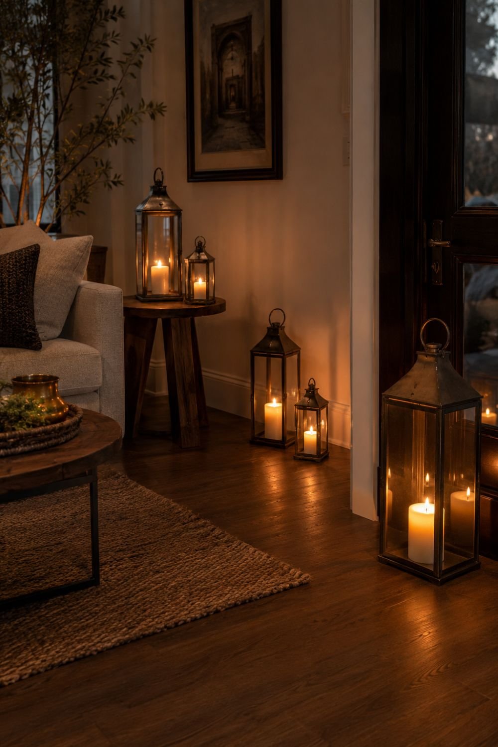 Metal lanterns with candles creating cottagecore ambient lighting