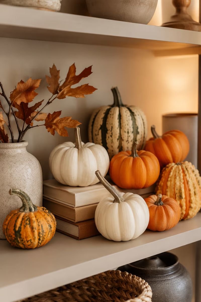 Mini pumpkins and gourds clustered on a living room shelf for fall decor
