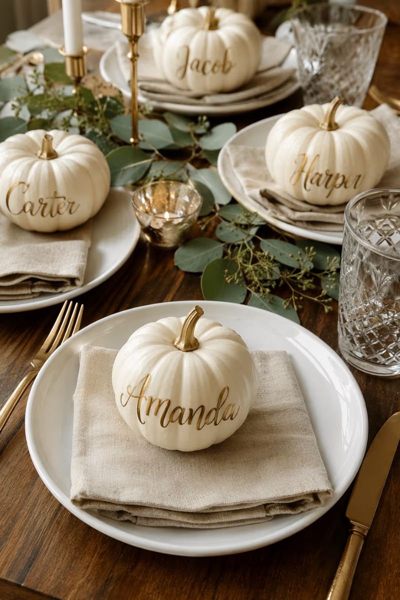 Mini white pumpkin place card gold lettering guest name Thanksgiving table setting