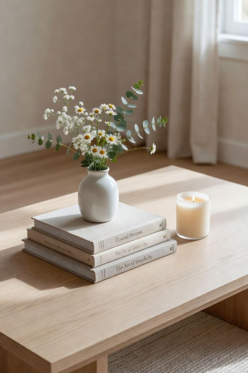 Minimal summer coffee table styling with white flowers and candle