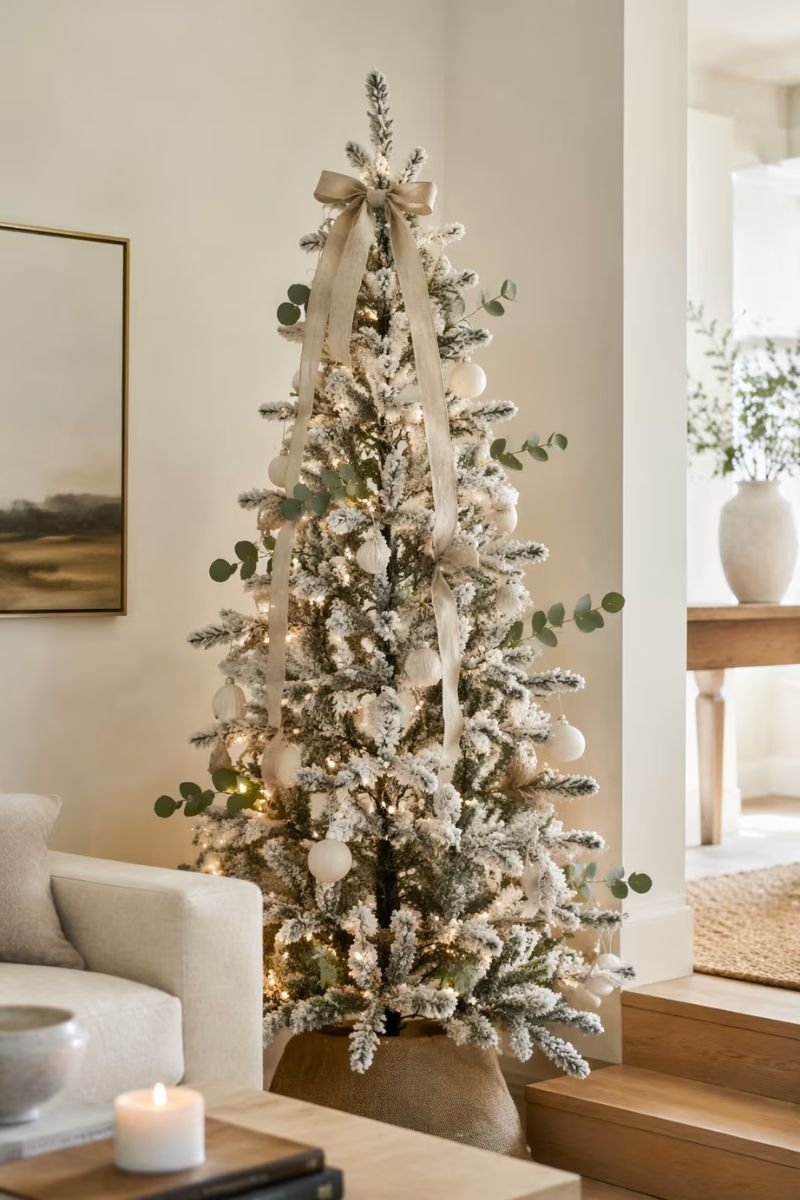 Minimalist Christmas tree with a few cream ornaments eucalyptus sprigs and a simple linen ribbon