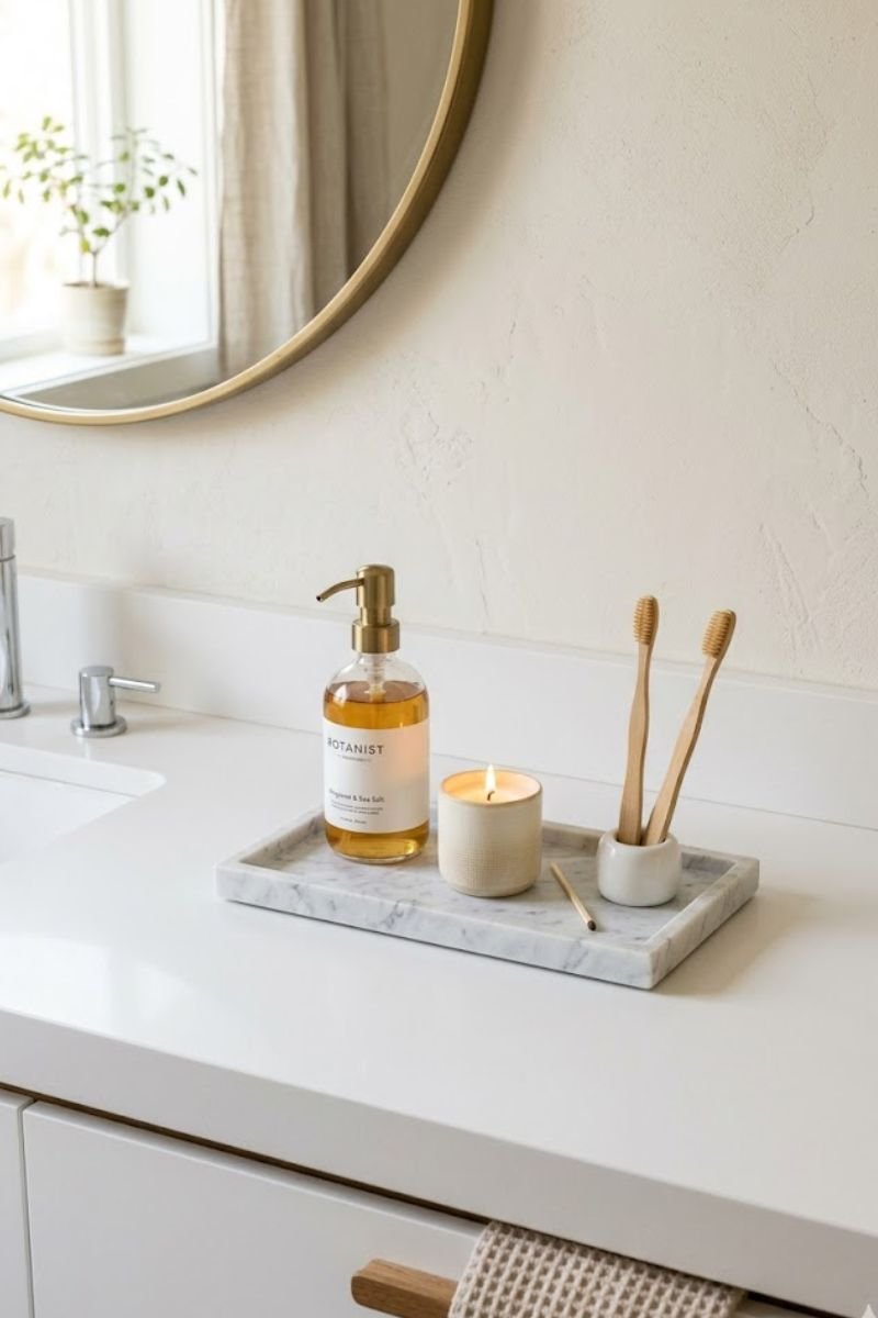 Minimalist bathroom counter with only essentials displayed on marble tray