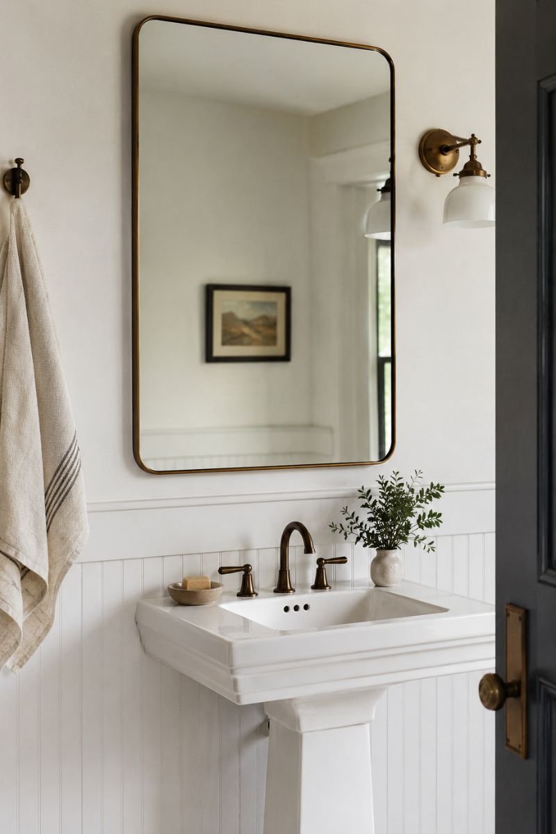 Mirror framed with brass molding on white bathroom wall