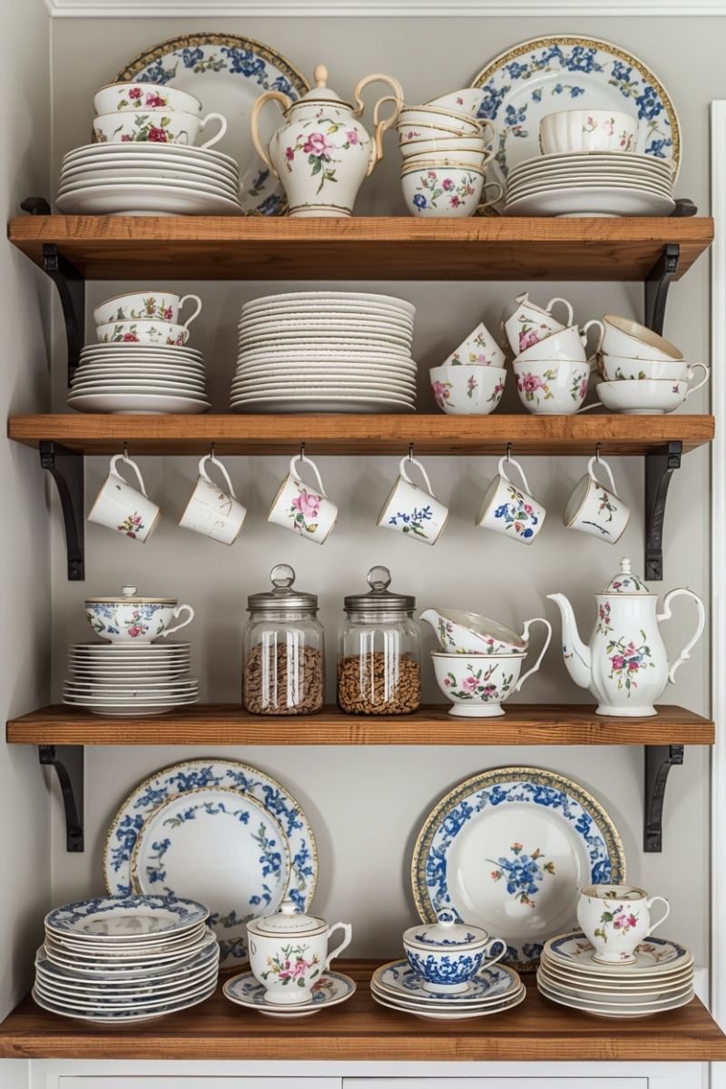 Mismatched floral china on open wooden kitchen shelves in blue and white tones