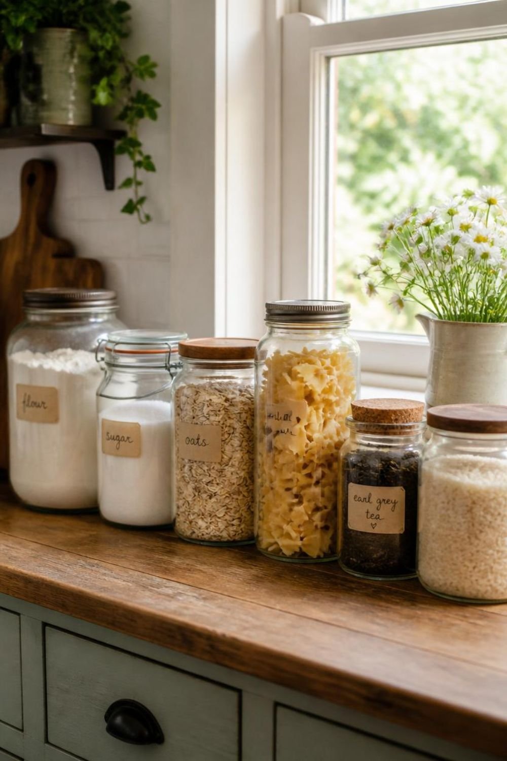 Mismatched glass jars of dry goods lined up on a kitchen counter in natural light