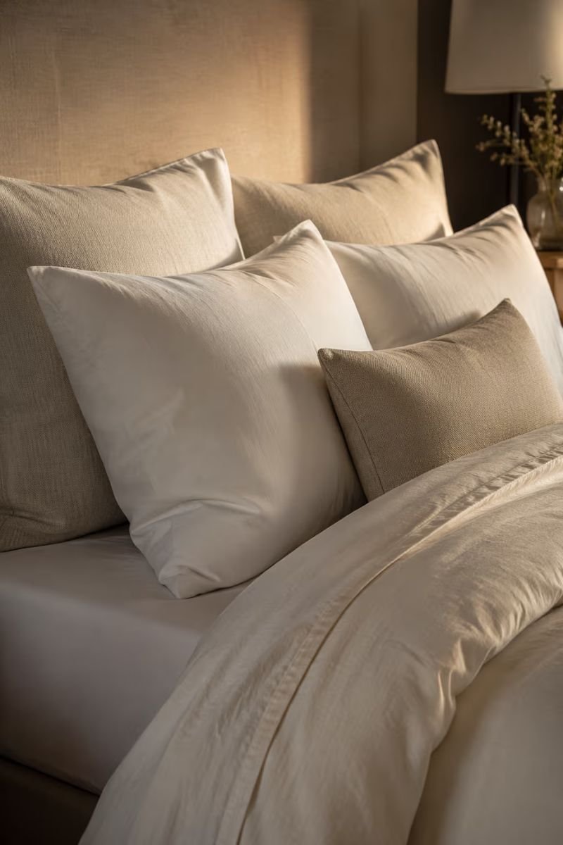Monochromatic tonal bedding in white and cream tones on a luxury hotel bedroom bed"