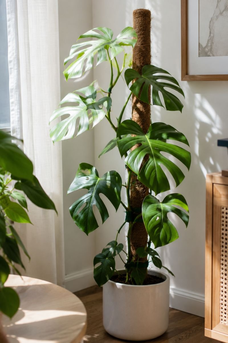 Monstera plant with split leaves on moss pole near window