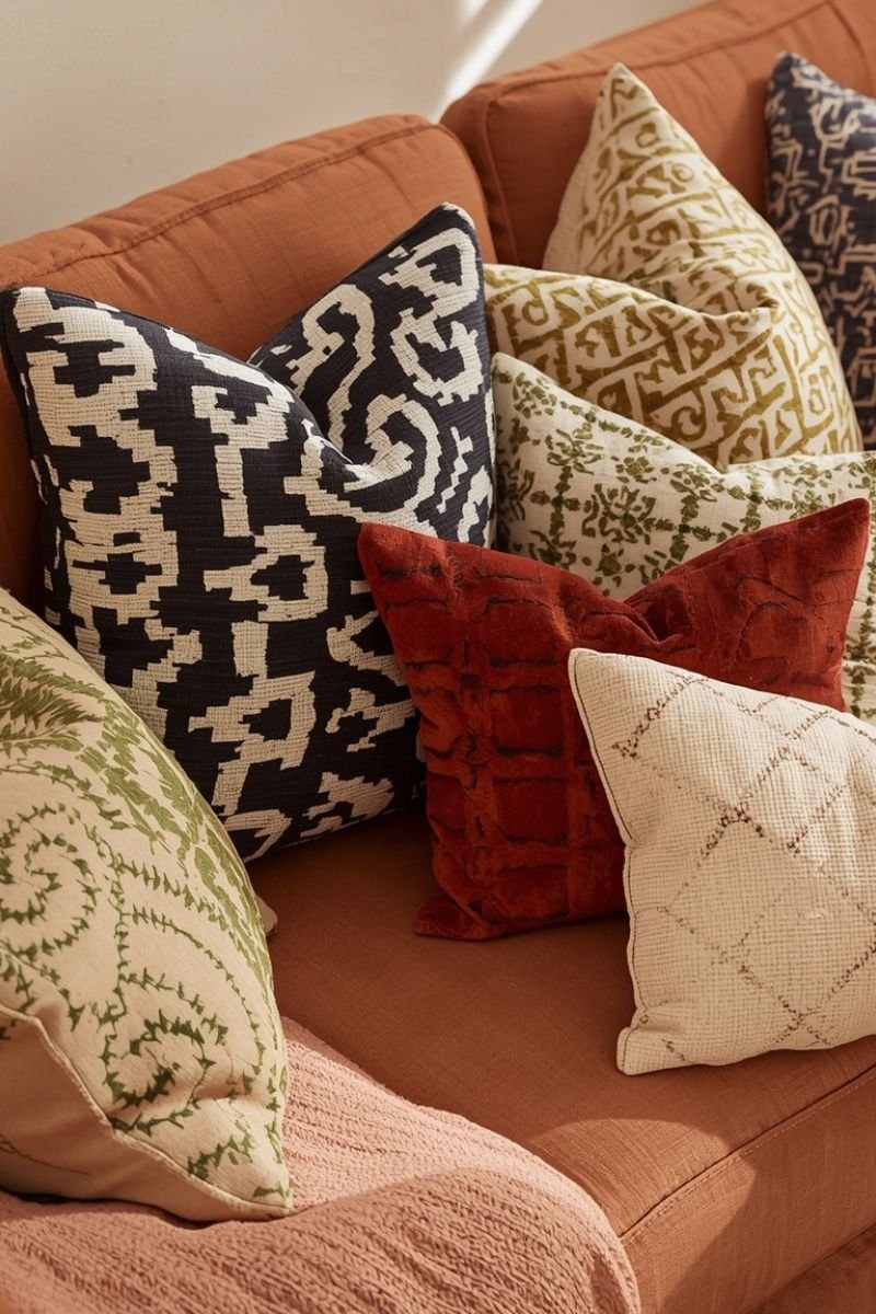 Mudcloth and kente inspired throw pillows layered on a camel sofa in African boho style