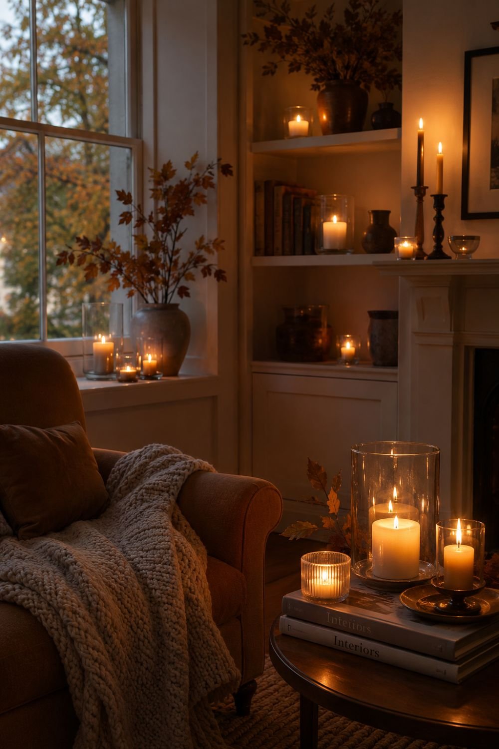 Multiple lit candles creating warm cottagecore ambiance