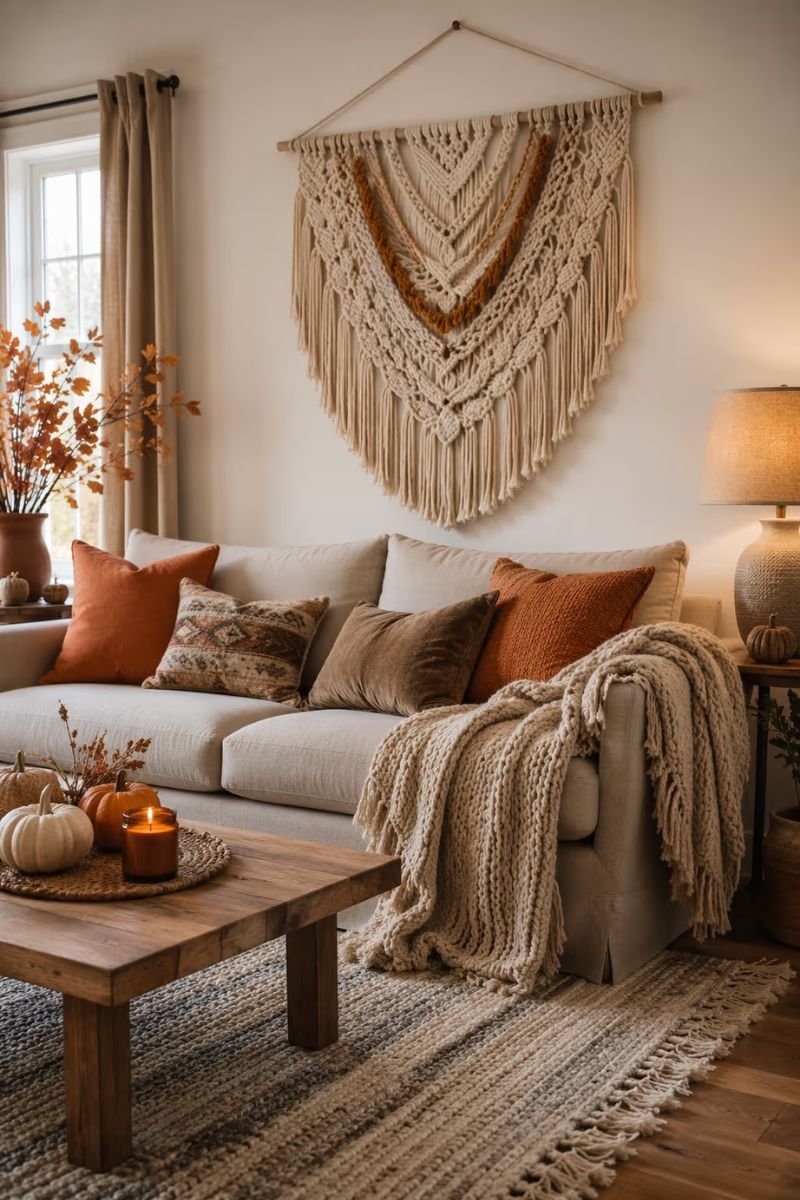 Natural cotton macrame wall hanging as fall decor above a living room sofa