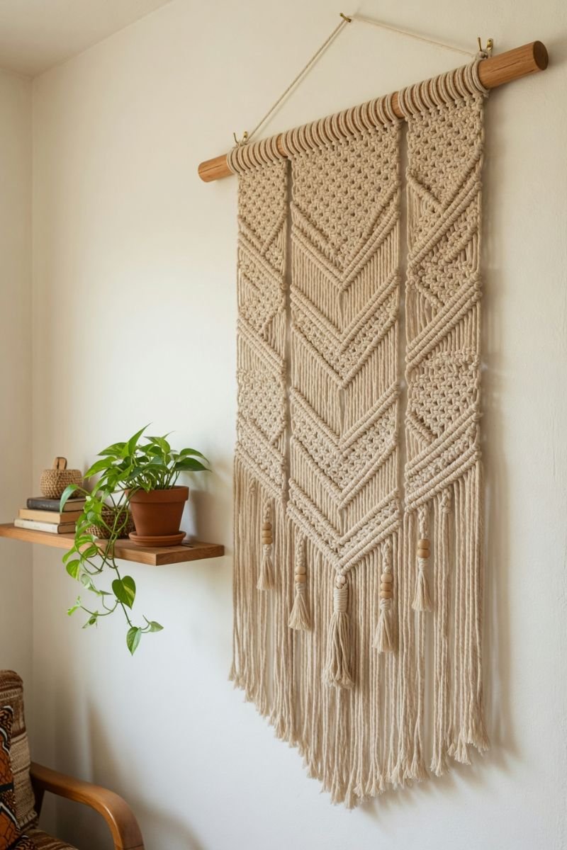 Natural cotton macrame wall piece with geometric knotwork in an African boho living room