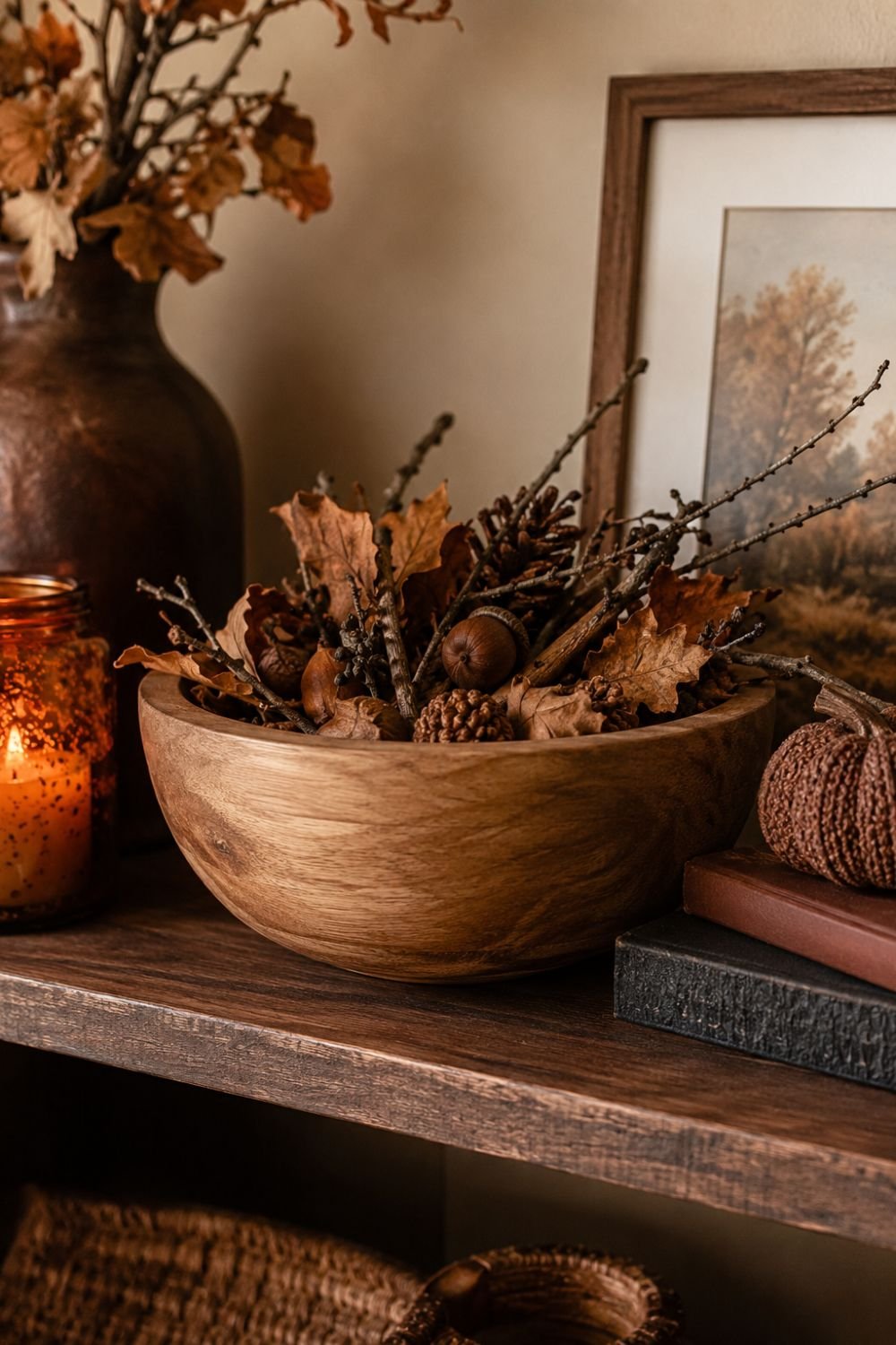 Natural elements in wooden bowl creating cottagecore nature display