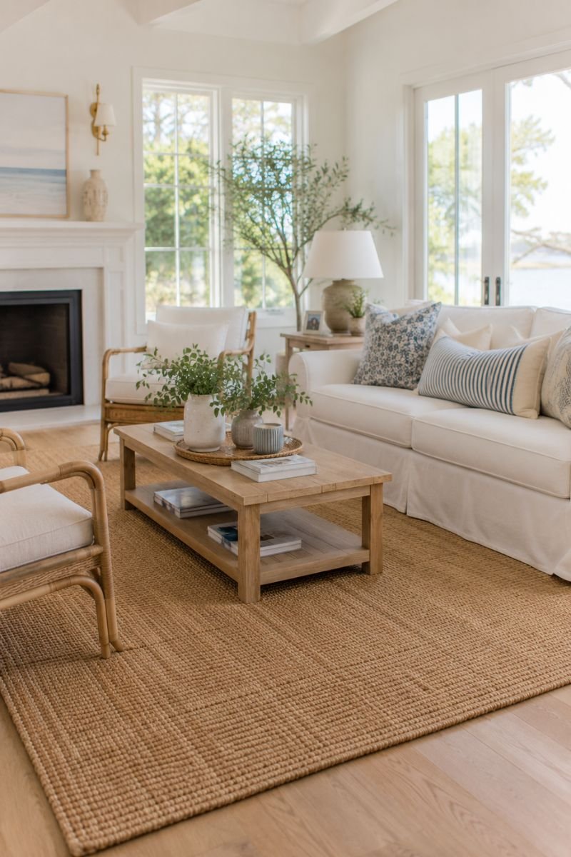 Natural jute area rug in a breezy stylish summer living room