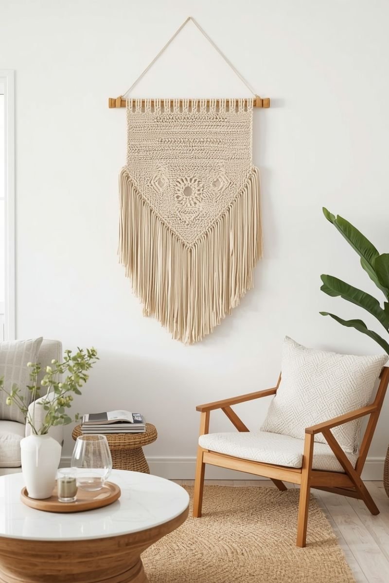 Natural macrame wall hanging in a breezy summer living room
