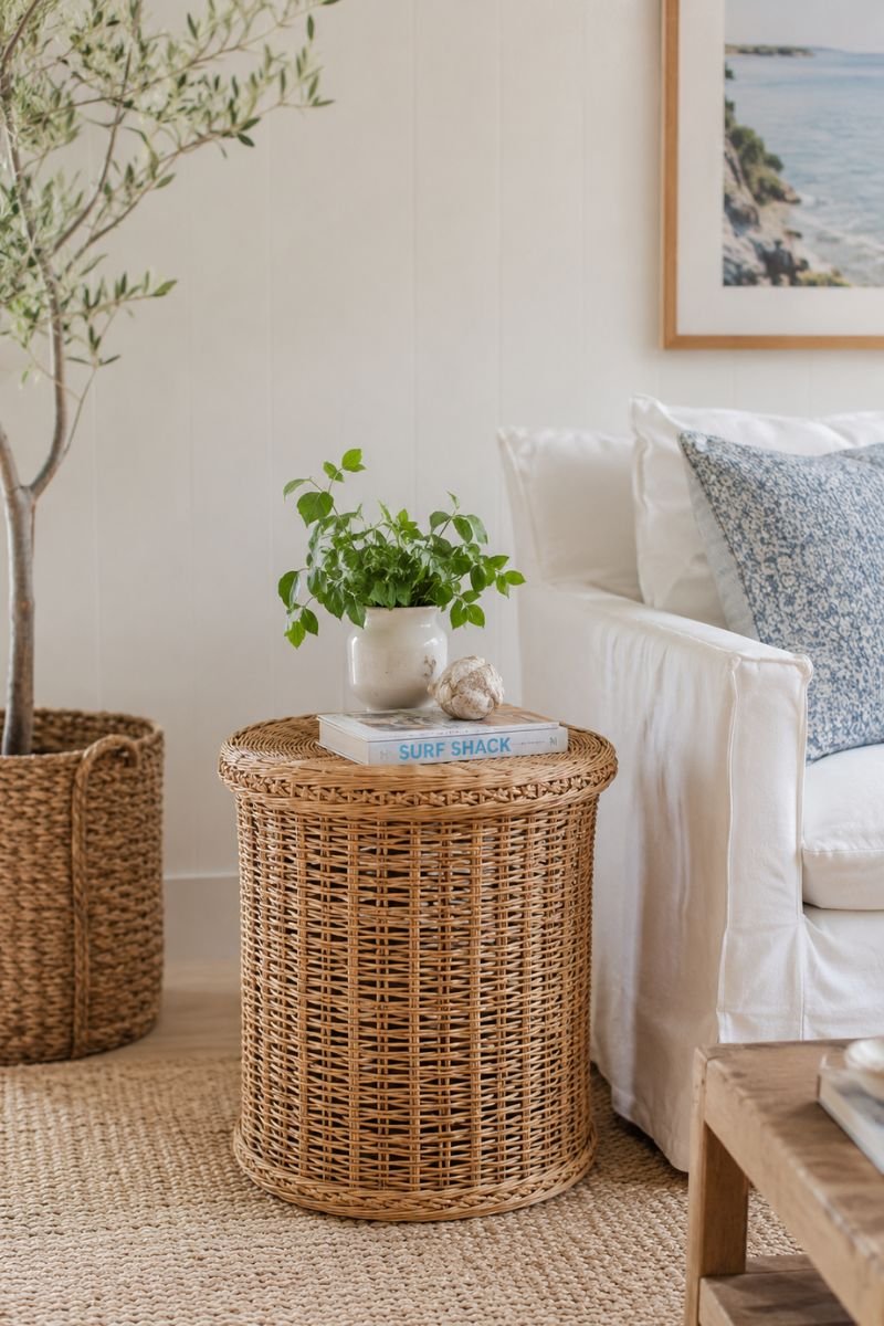 Natural rattan side table in a breezy stylish summer living room
