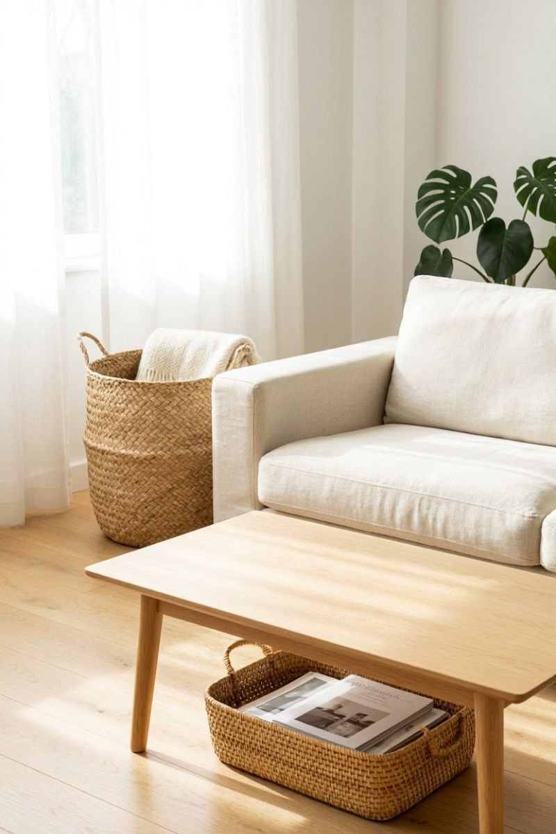 Natural seagrass basket beside a sofa and flat rattan basket under a coffee table