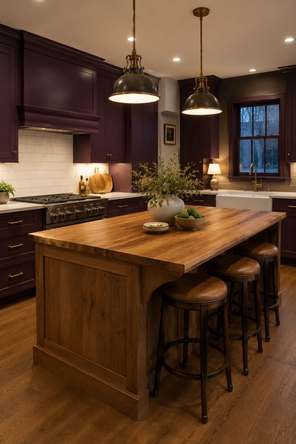 The island becomes a grounding element in an aubergine kitchen.