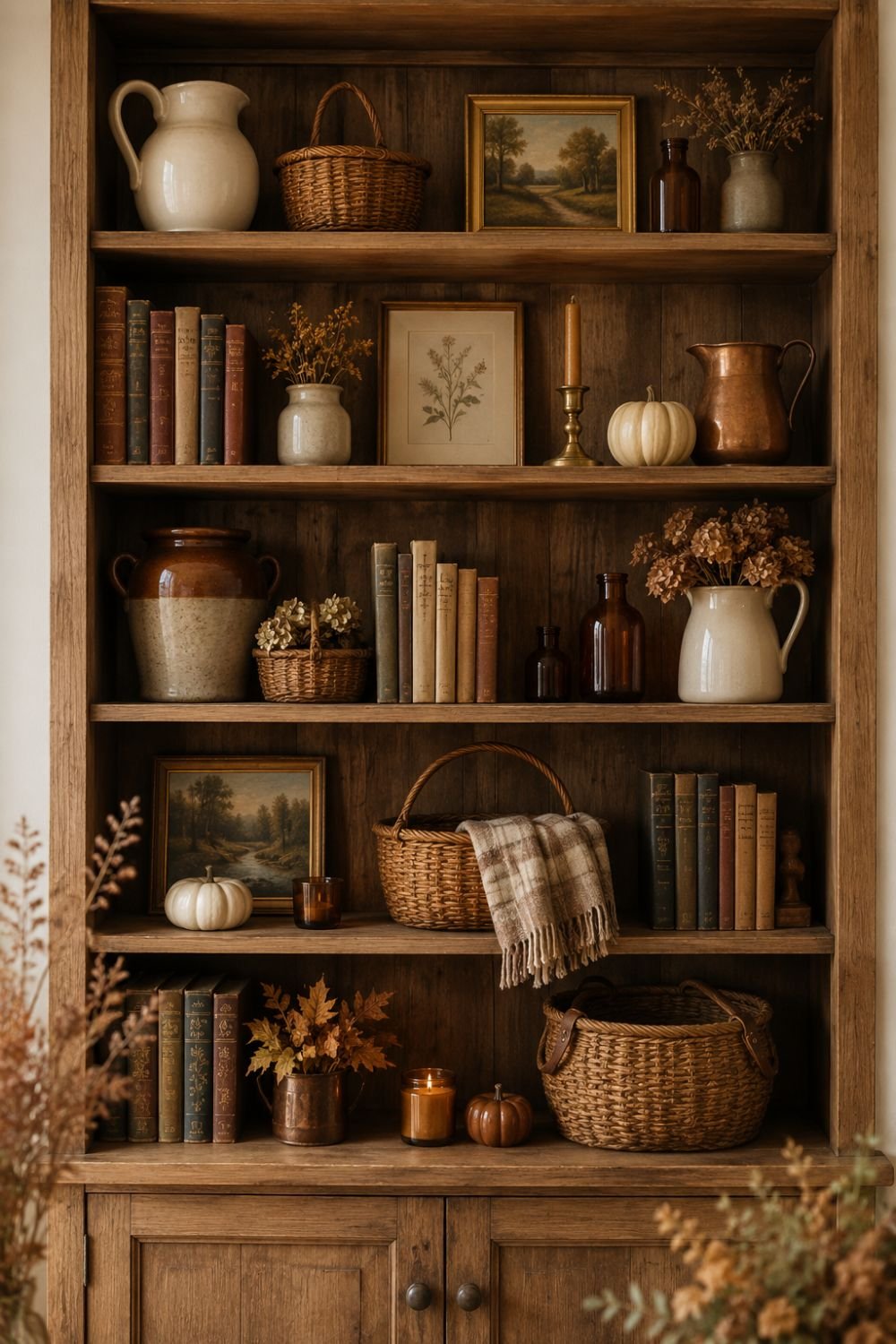 Natural wood shelving with cottagecore fall decor and vintage items
