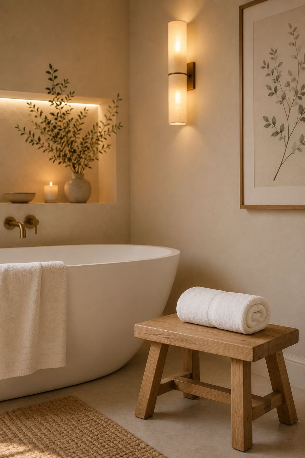 Natural wood stool beside freestanding bathtub with rolled towel