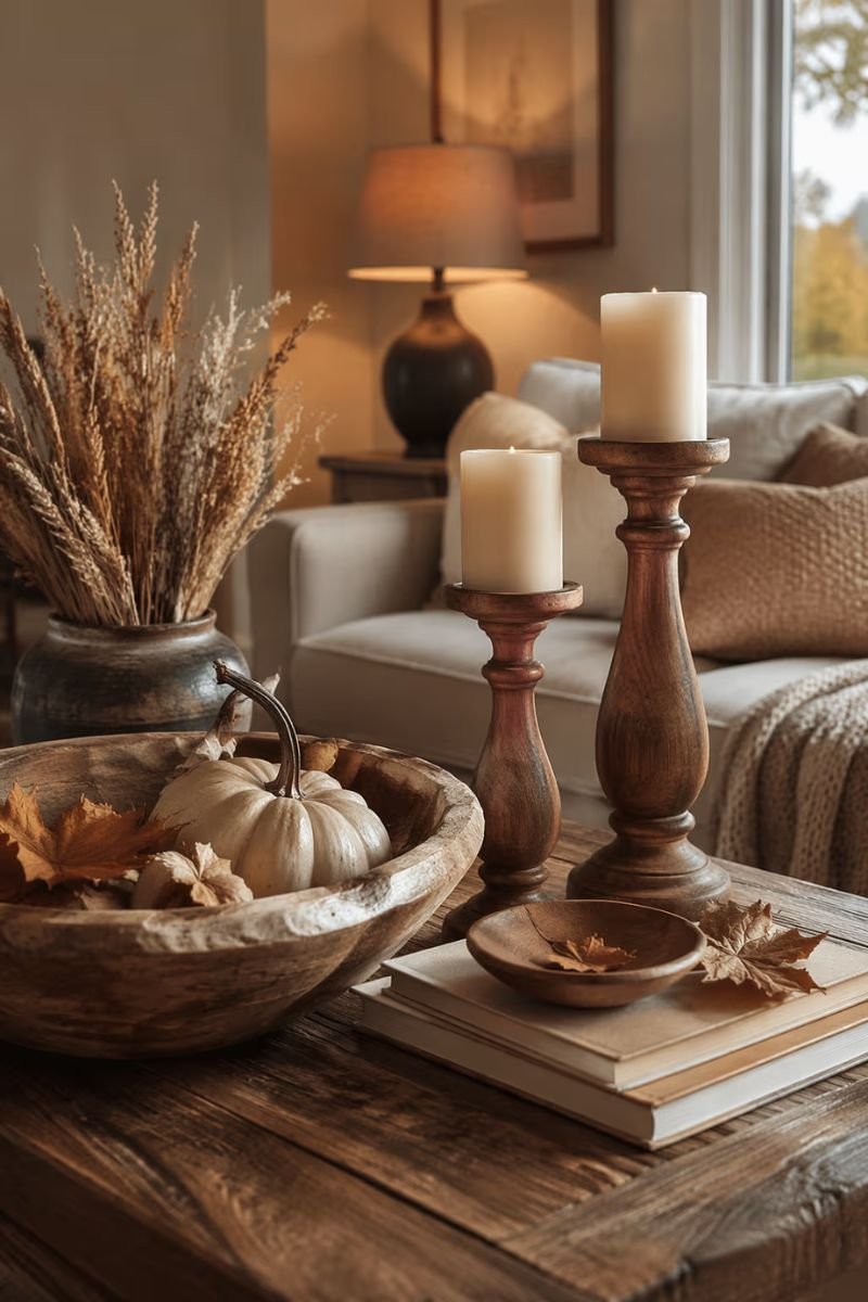 Natural wooden decor accents in a cozy fall living room