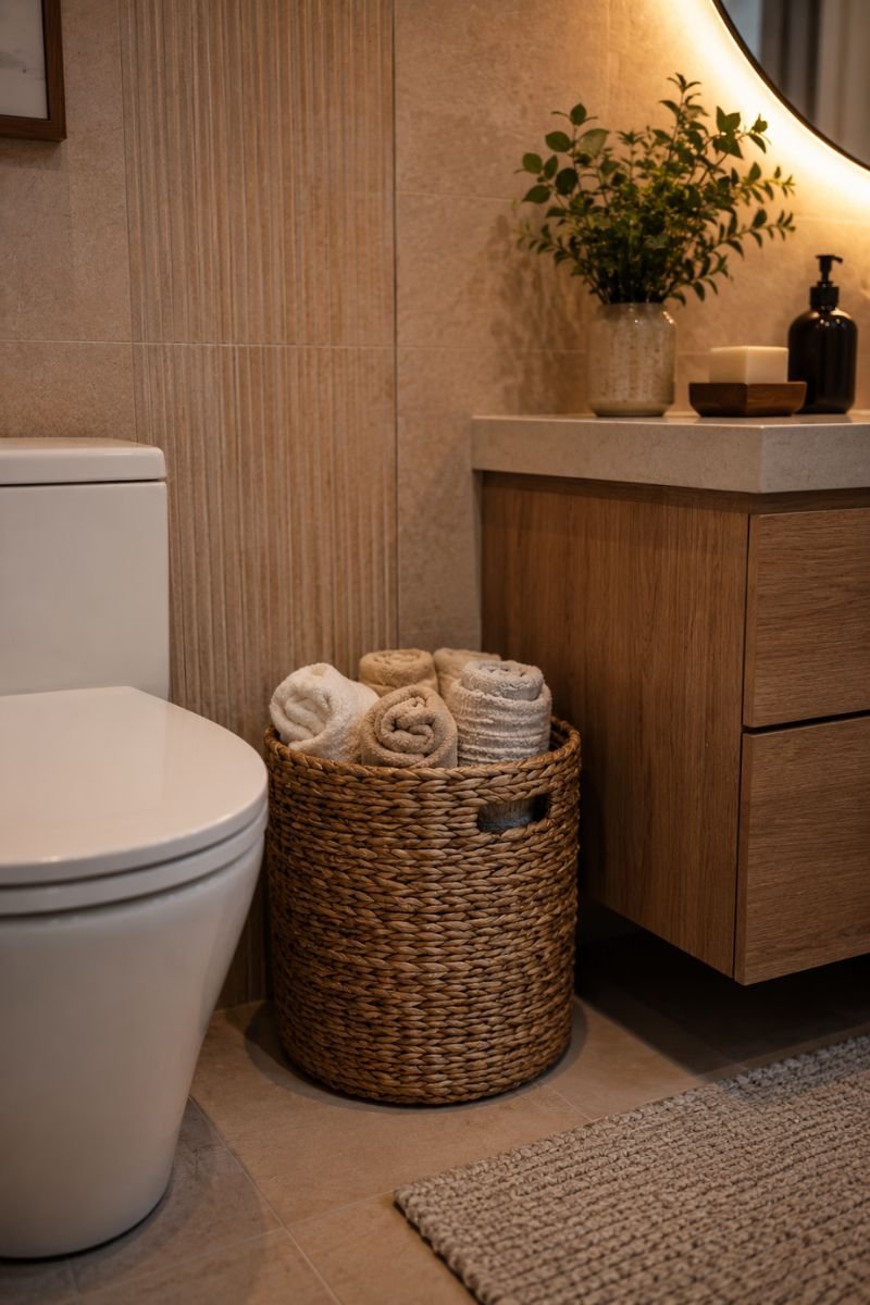 Natural woven storage basket beside toilet filled with rolled towels"