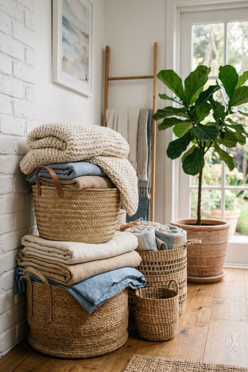Natural woven storage baskets on a coastal summer porch
