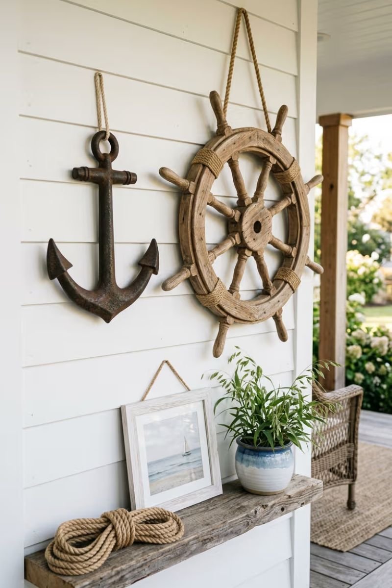 Nautical decorative anchors and maritime elements on a coastal porch wall