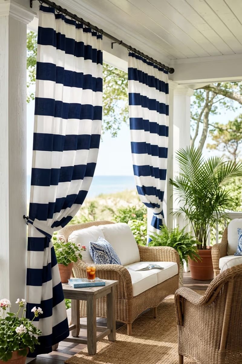 Navy and white striped outdoor fabric and curtains on a coastal porch