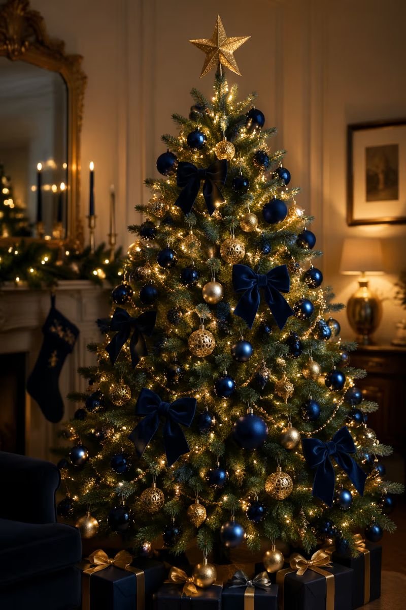 Navy blue and gold Christmas tree with velvet bows gold star topper and warm string lights