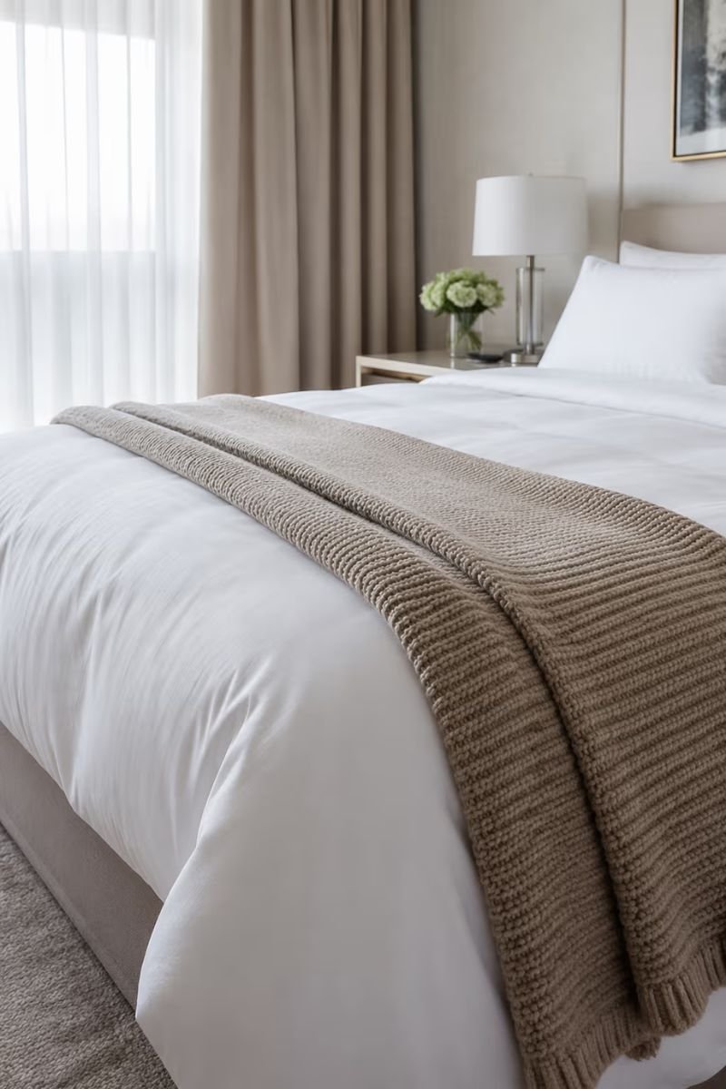 Neatly folded throw blanket draped across the foot of a white hotel style bed