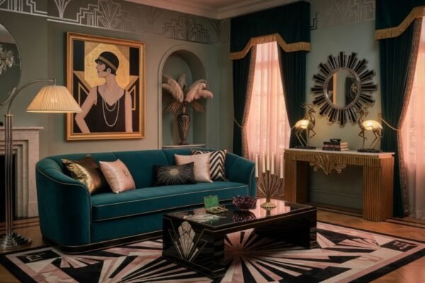 Neo deco living room with navy velvet sofa brass lamp and geometric gold mirror