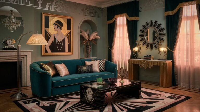 Neo deco living room with navy velvet sofa brass lamp and geometric gold mirror