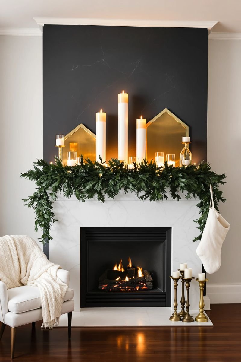 Classic Christmas mantel with evergreen garland and candles