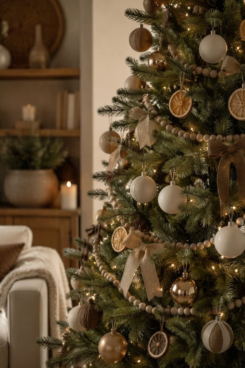 Neutral Christmas tree with cream tan and brown ornaments wood bead garland and natural textures