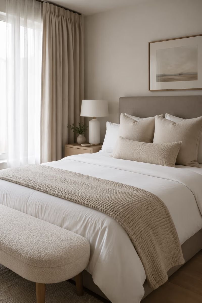 Neutral color palette cozy bedroom in white cream and greige tones