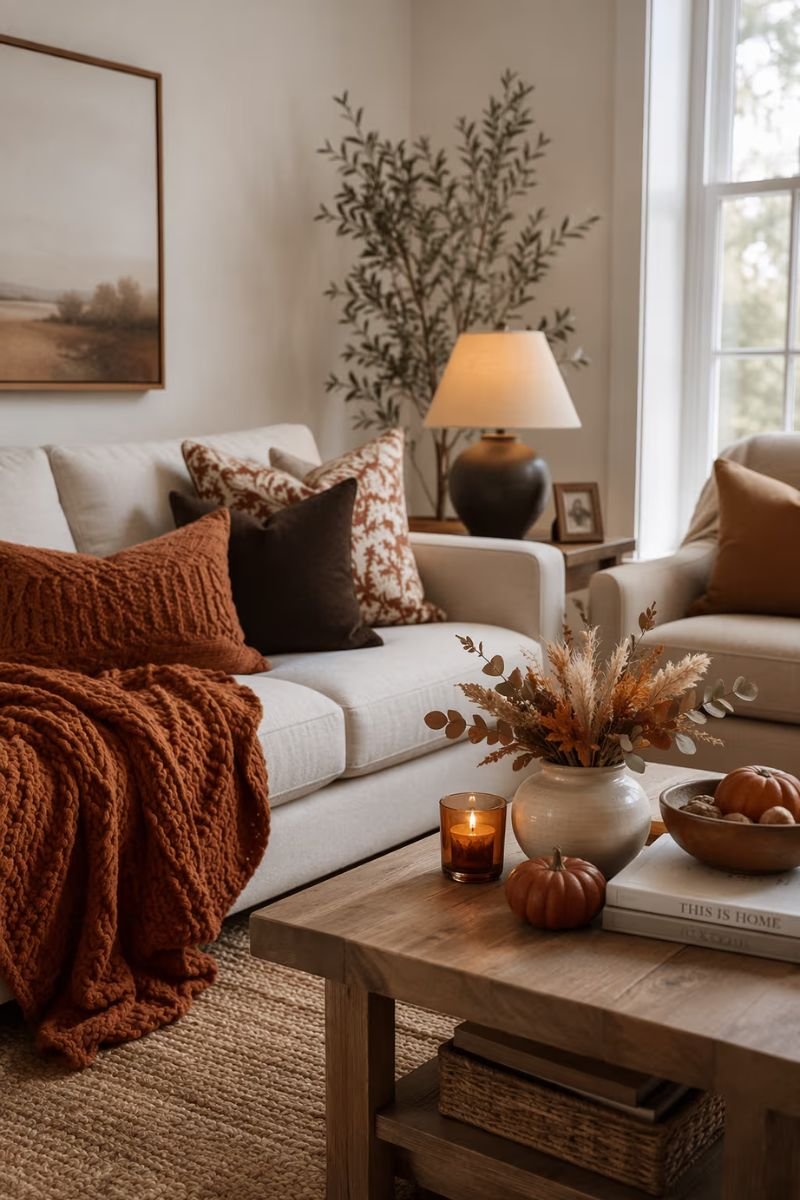 Neutral living room with warm fall decor layers in rust and brown tones