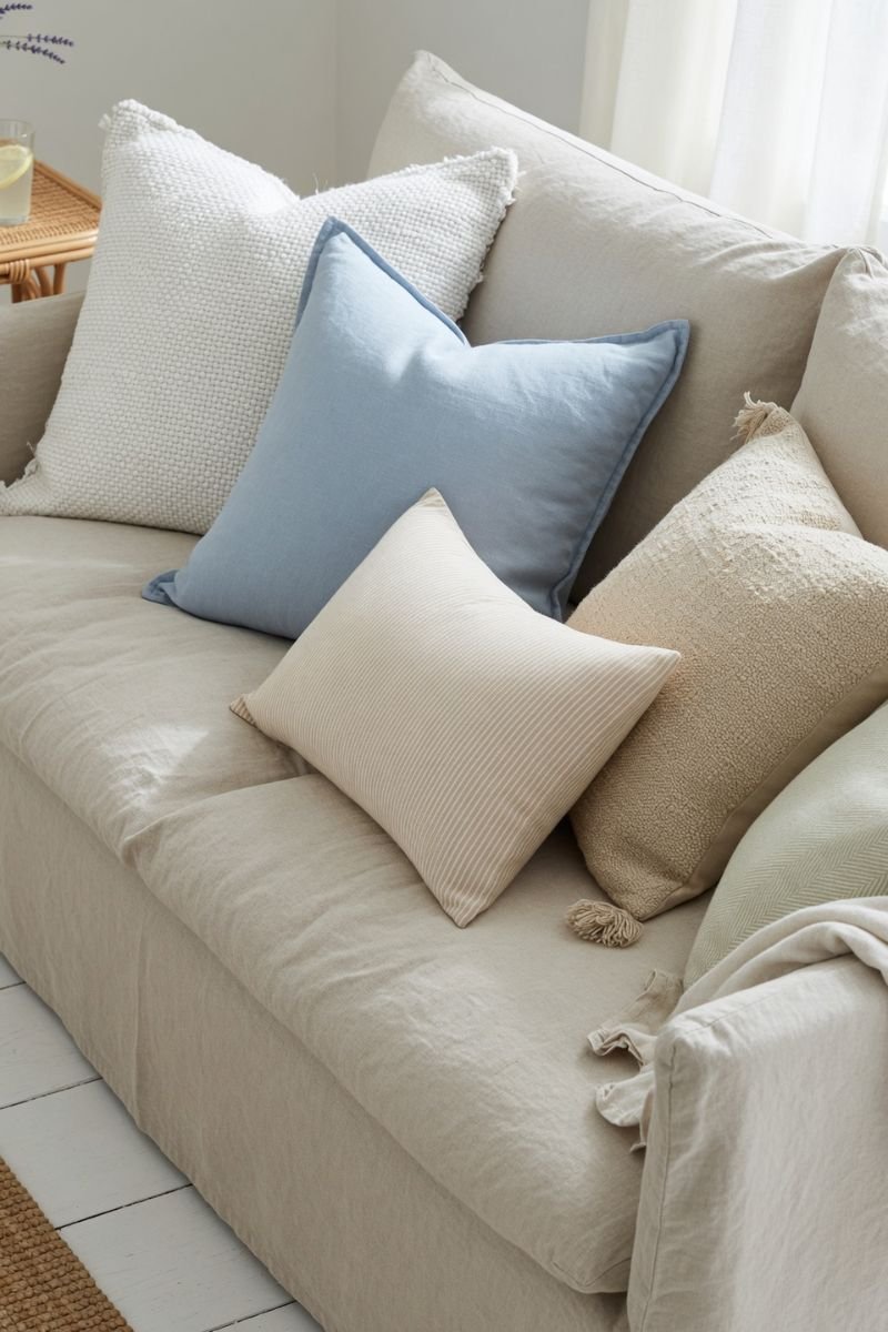 Neutral sofa with light blue white and sand throw pillows for summer