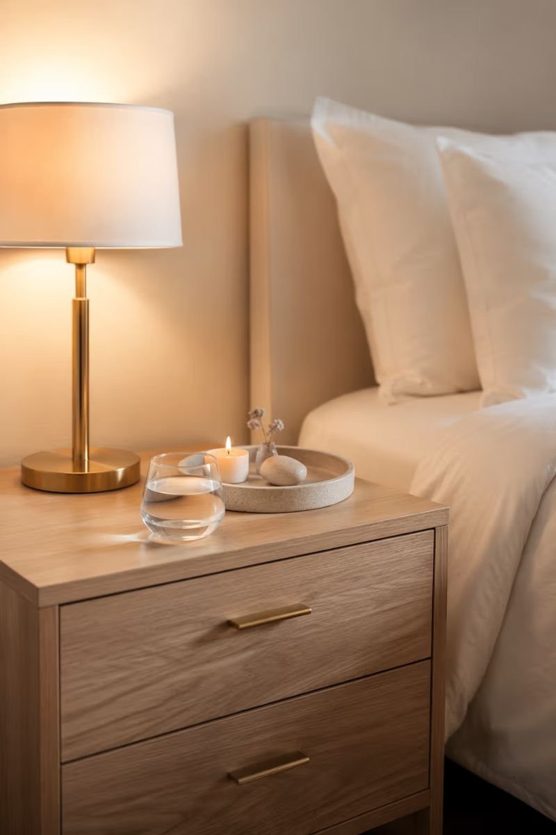 Nightstand with storage styled simply in a luxury hotel style bedroom